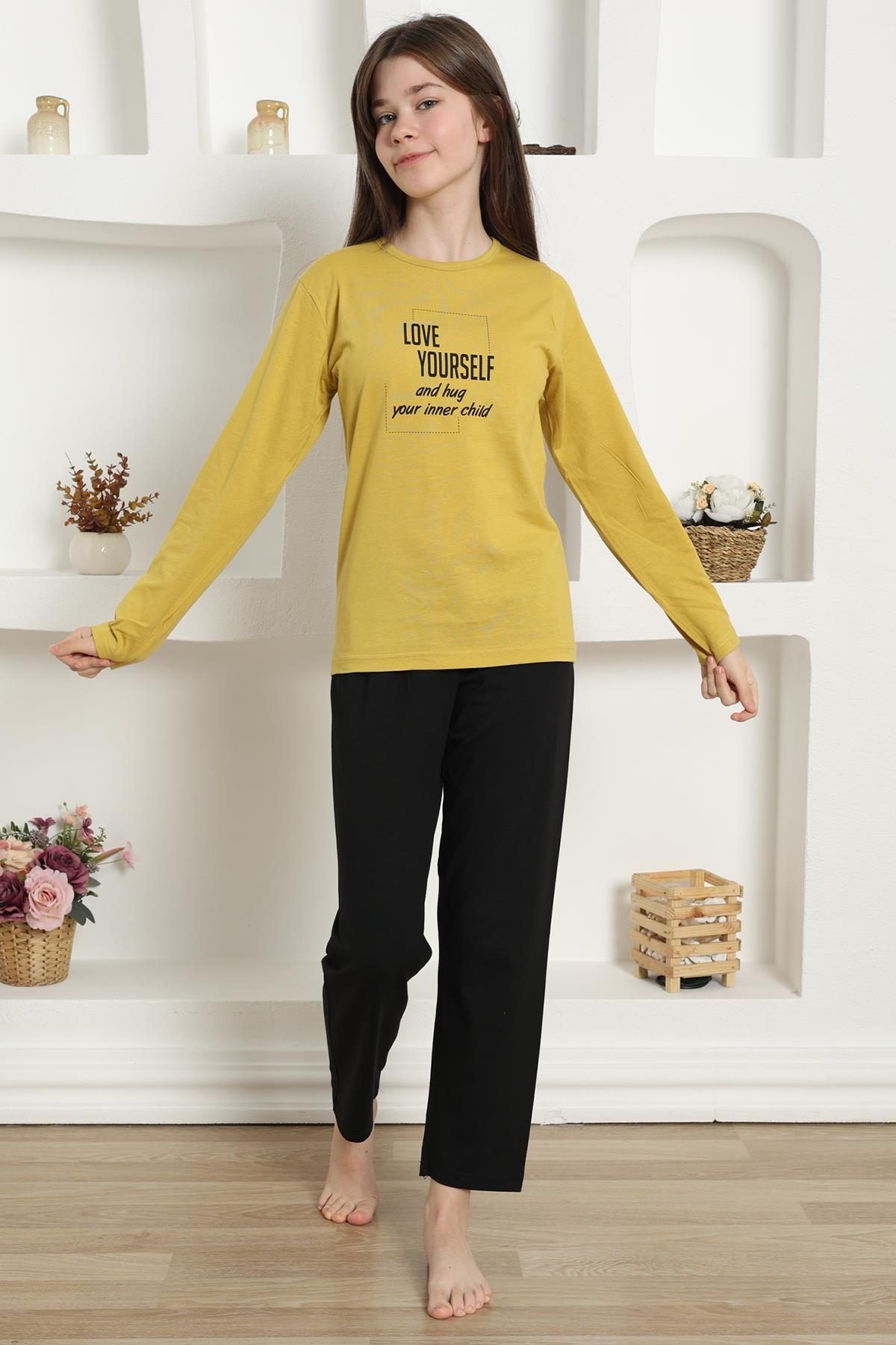Yazılı Uzun Kollu Kız Çocuk Penye Pijama Takım Akbeniz 20420 - Sarı