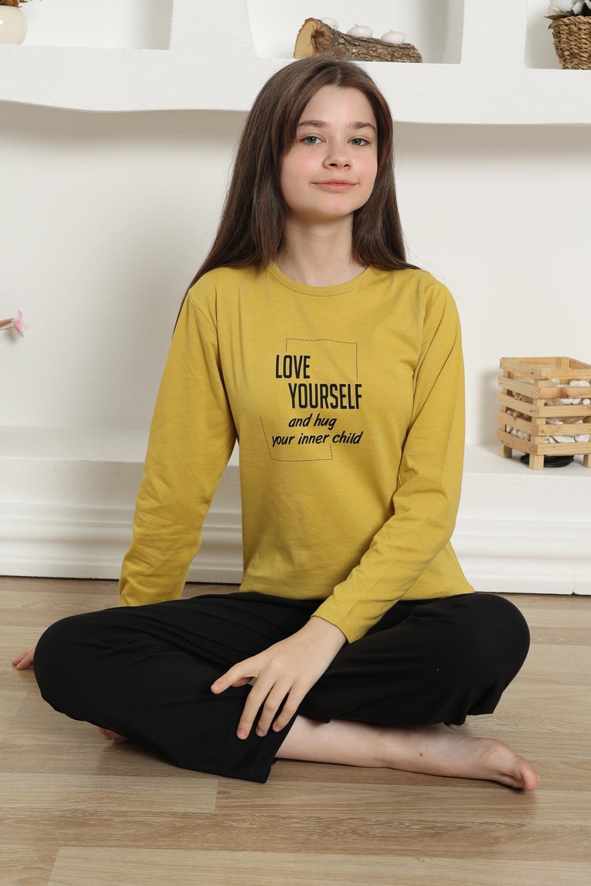 Yazılı Uzun Kollu Kız Çocuk Penye Pijama Takım Akbeniz 20420 - Sarı