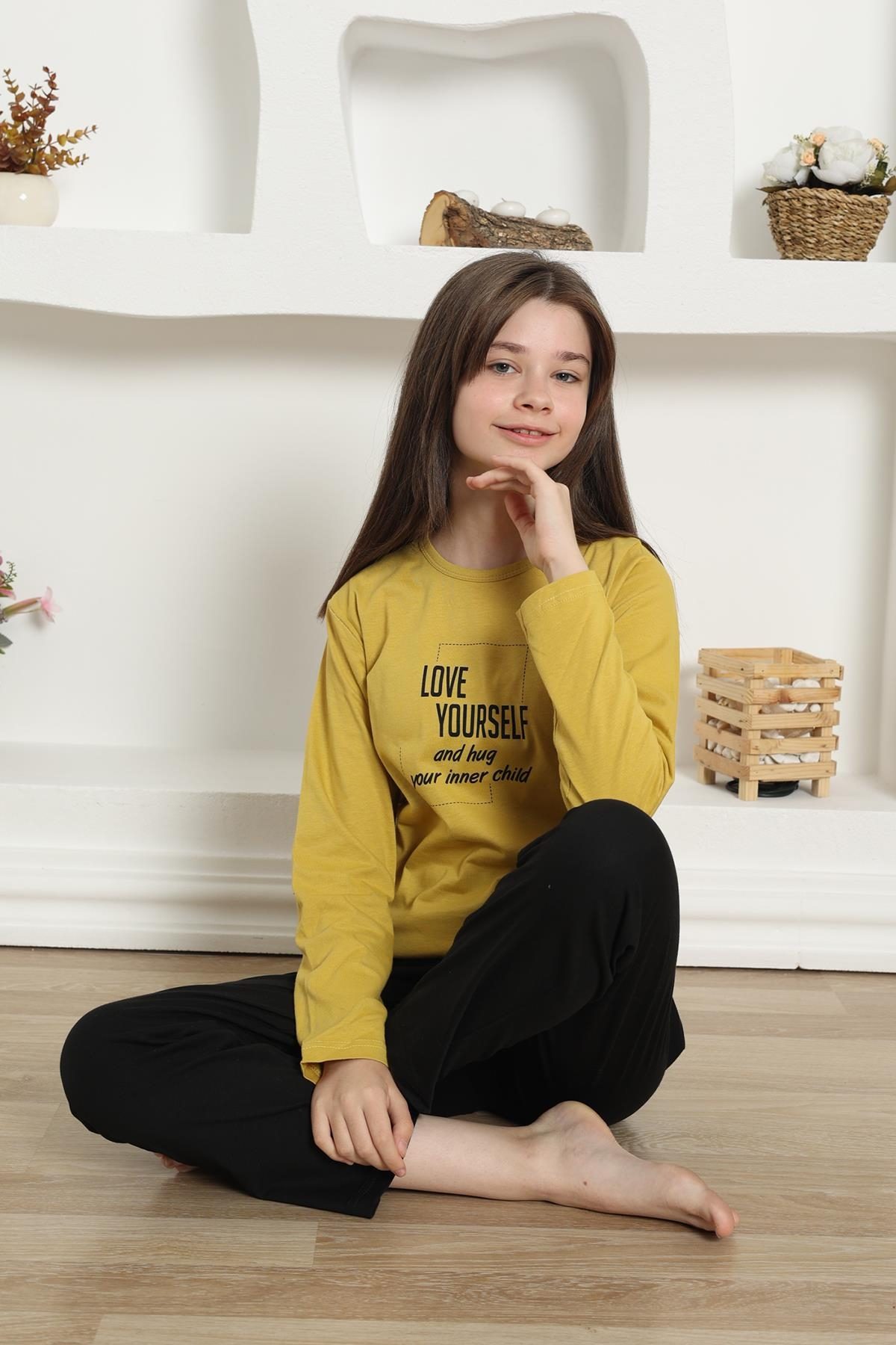 Yazılı Uzun Kollu Kız Çocuk Penye Pijama Takım Akbeniz 20420 - Sarı
