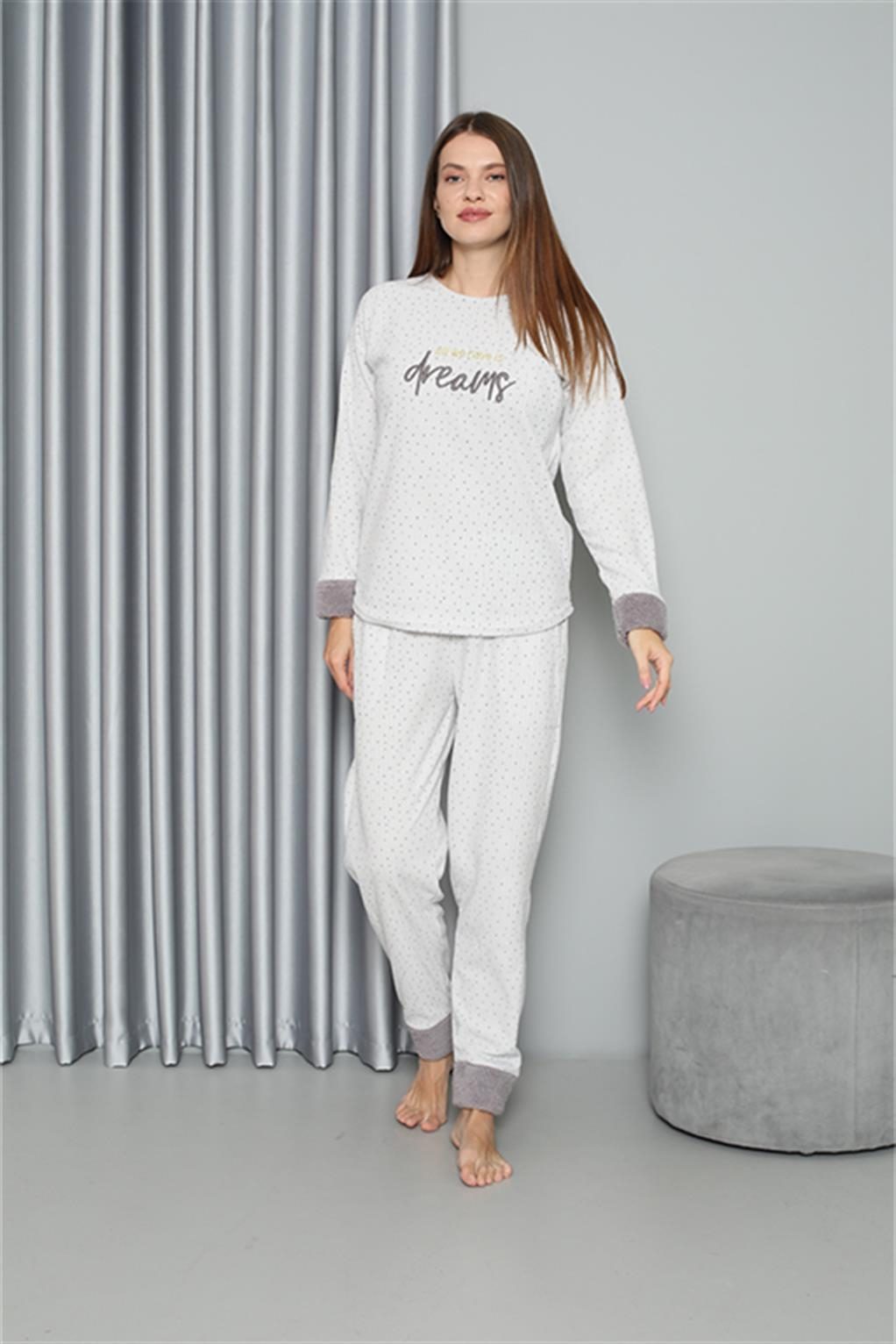 Peluşlu Welsoft Uzun Kollu Polar Kadın Pijama Takımı Akbeniz 8515 - Ekru
