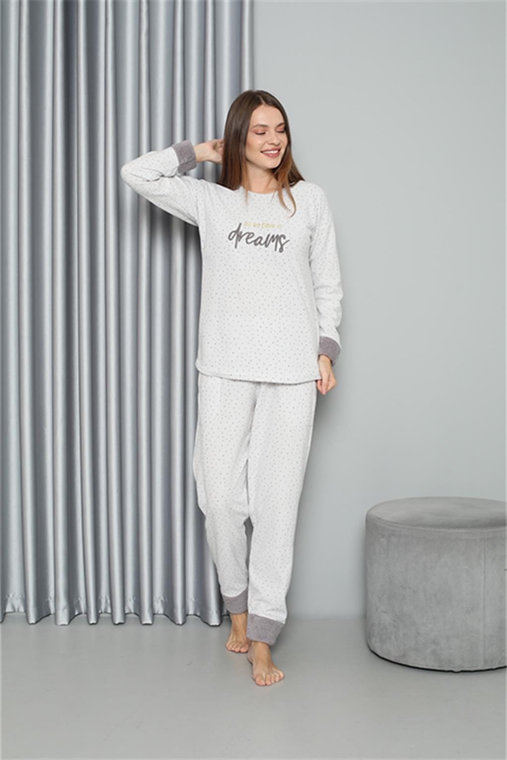 Peluşlu Welsoft Uzun Kollu Polar Kadın Pijama Takımı Akbeniz 8515 - Ekru