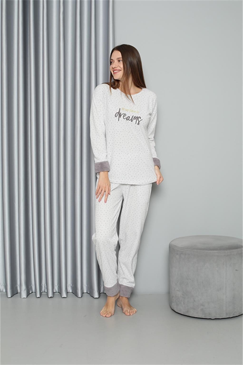 Peluşlu Welsoft Uzun Kollu Polar Kadın Pijama Takımı Akbeniz 8515 - Ekru