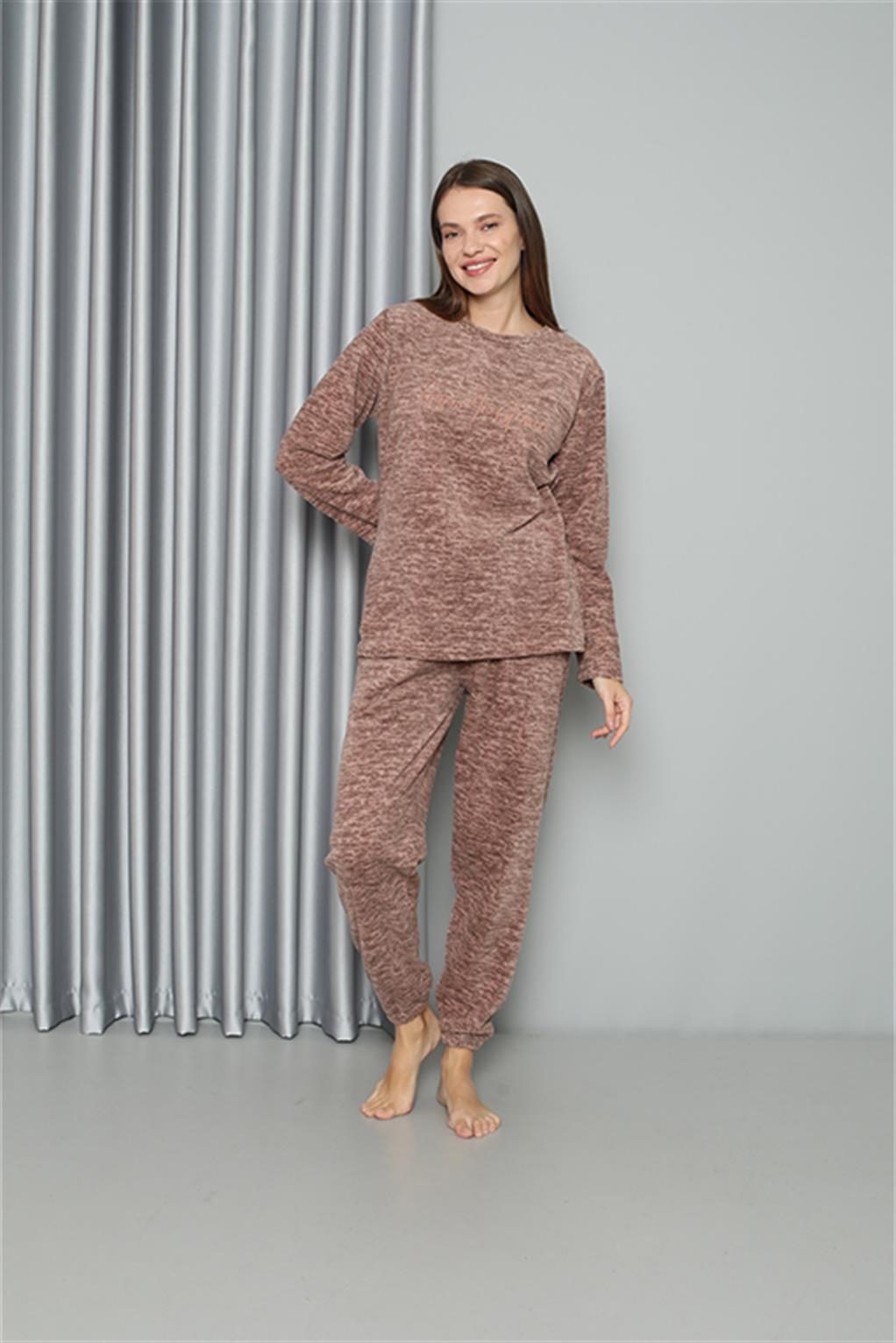 Yuvarlak Yaka Welsoft Polar Kadın Pijama Takımı Akbeniz 8519 - Sütlü Kahve