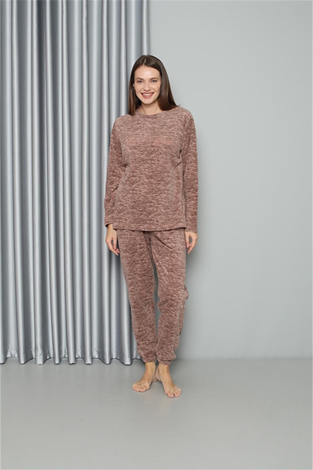 Yuvarlak Yaka Welsoft Polar Kadın Pijama Takımı Akbeniz 8519 - Sütlü Kahve