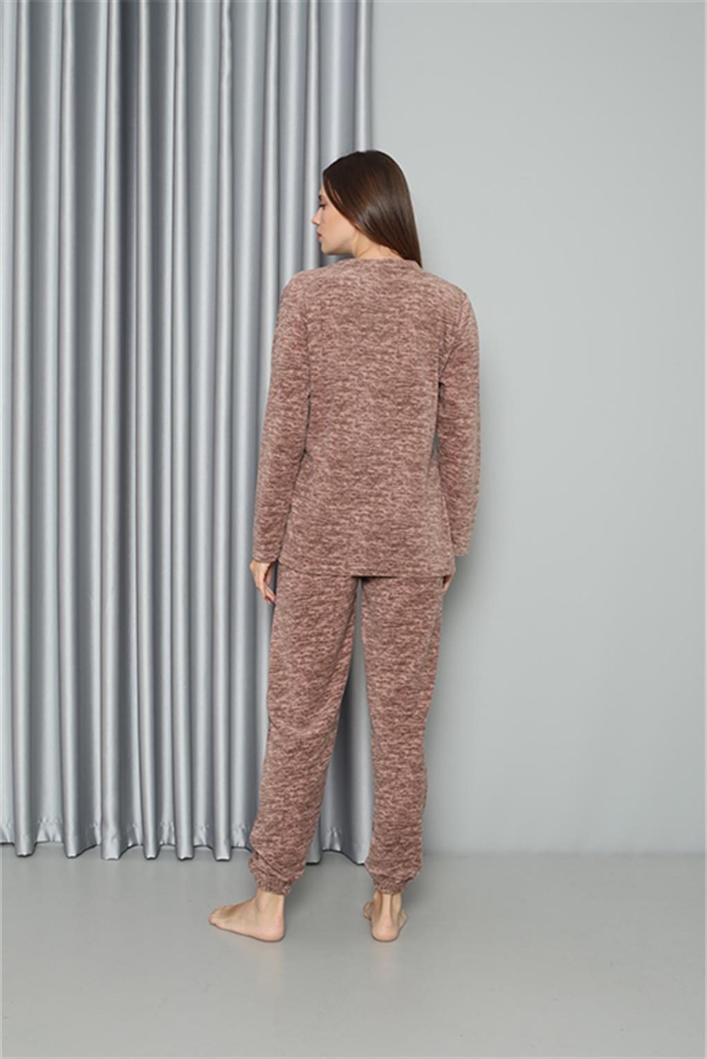 Yuvarlak Yaka Welsoft Polar Kadın Pijama Takımı Akbeniz 8519 - Sütlü Kahve