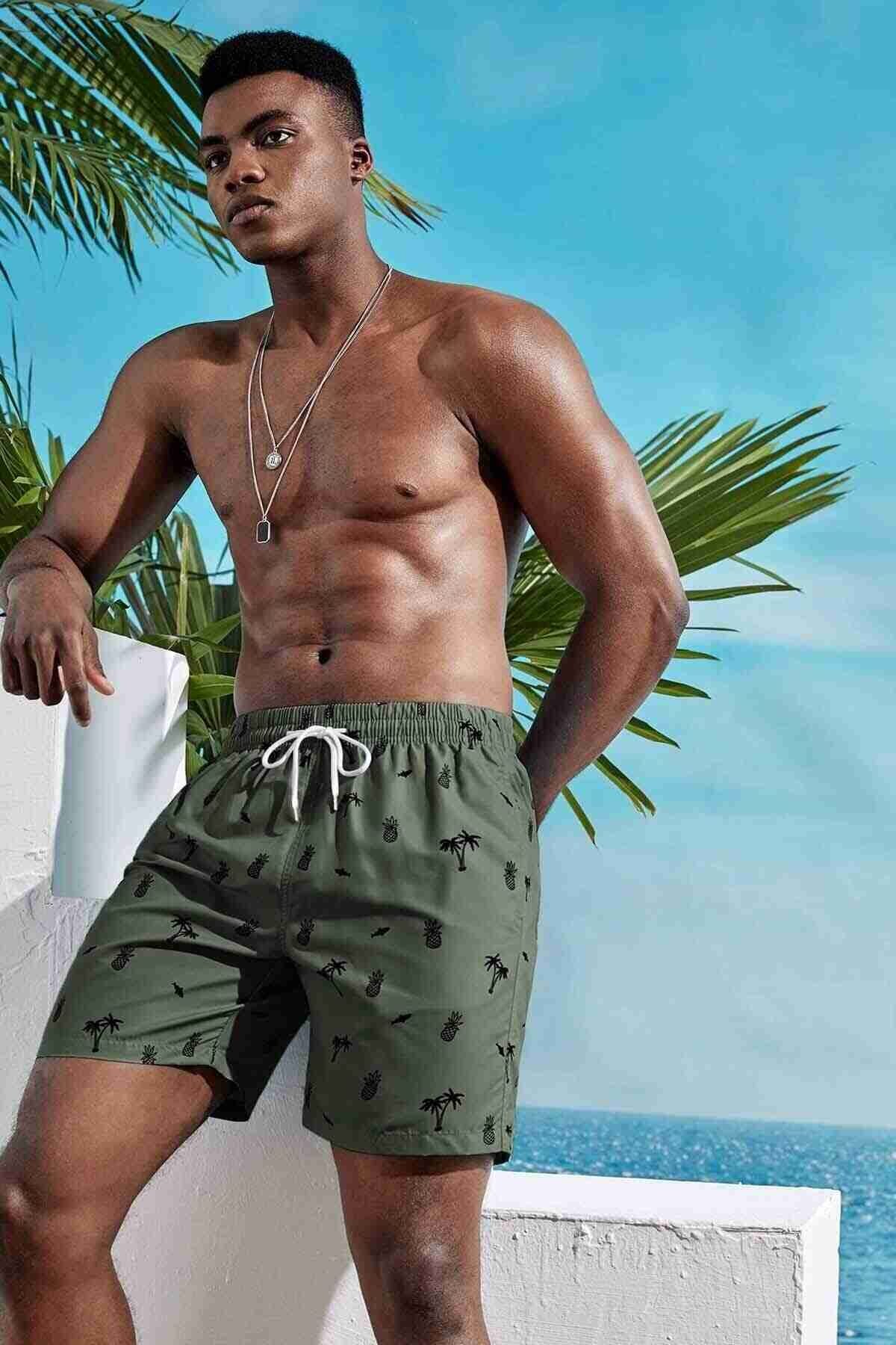 Basic Ananas ve Palmiye Baskılı Mayo Cepli Deniz Şortu Angelsin 3415 - Yeşil