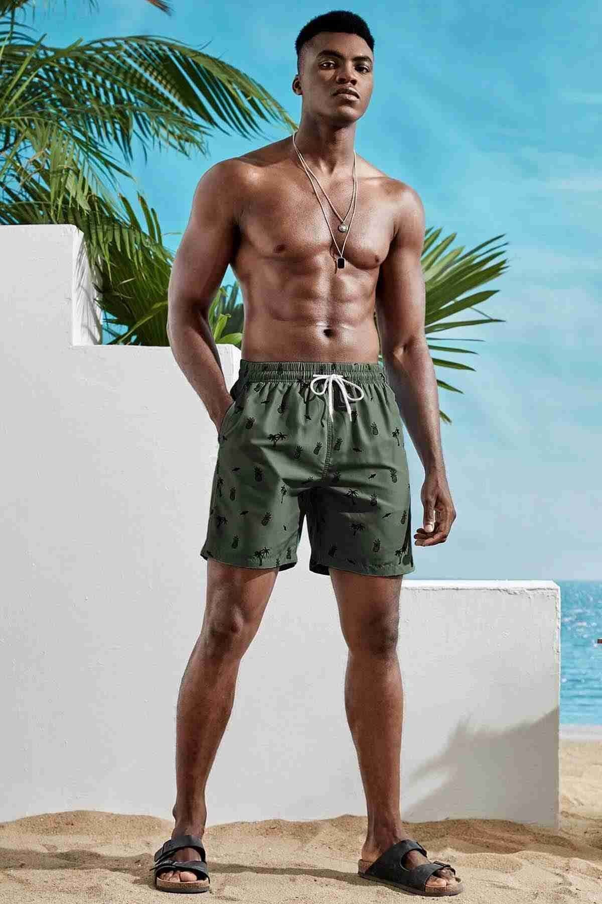 Basic Ananas ve Palmiye Baskılı Mayo Cepli Deniz Şortu Angelsin 3415 - Yeşil