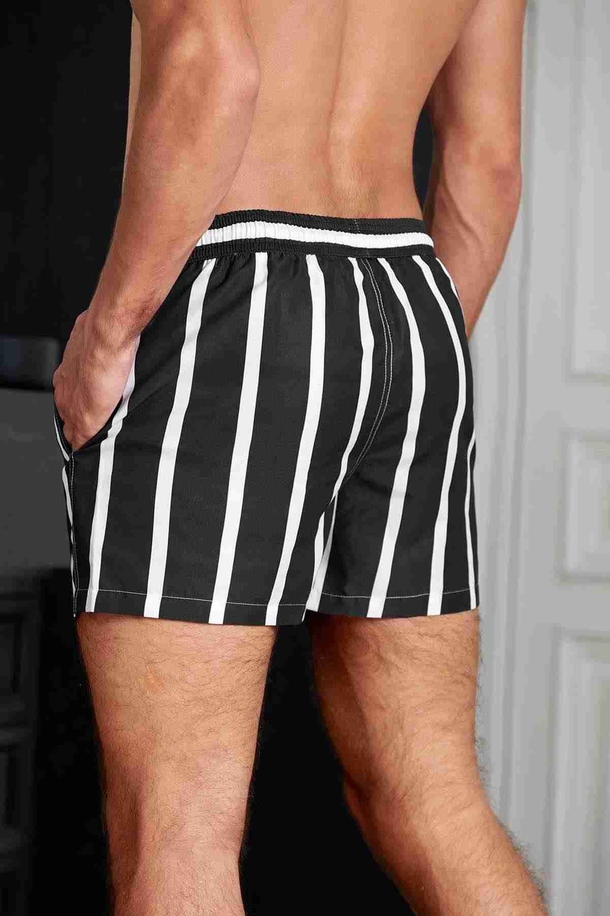 Erkek Basic Standart Boy Çizgili Cepli Deniz Şortu Siyah Angelsin MS3410 - Siyah