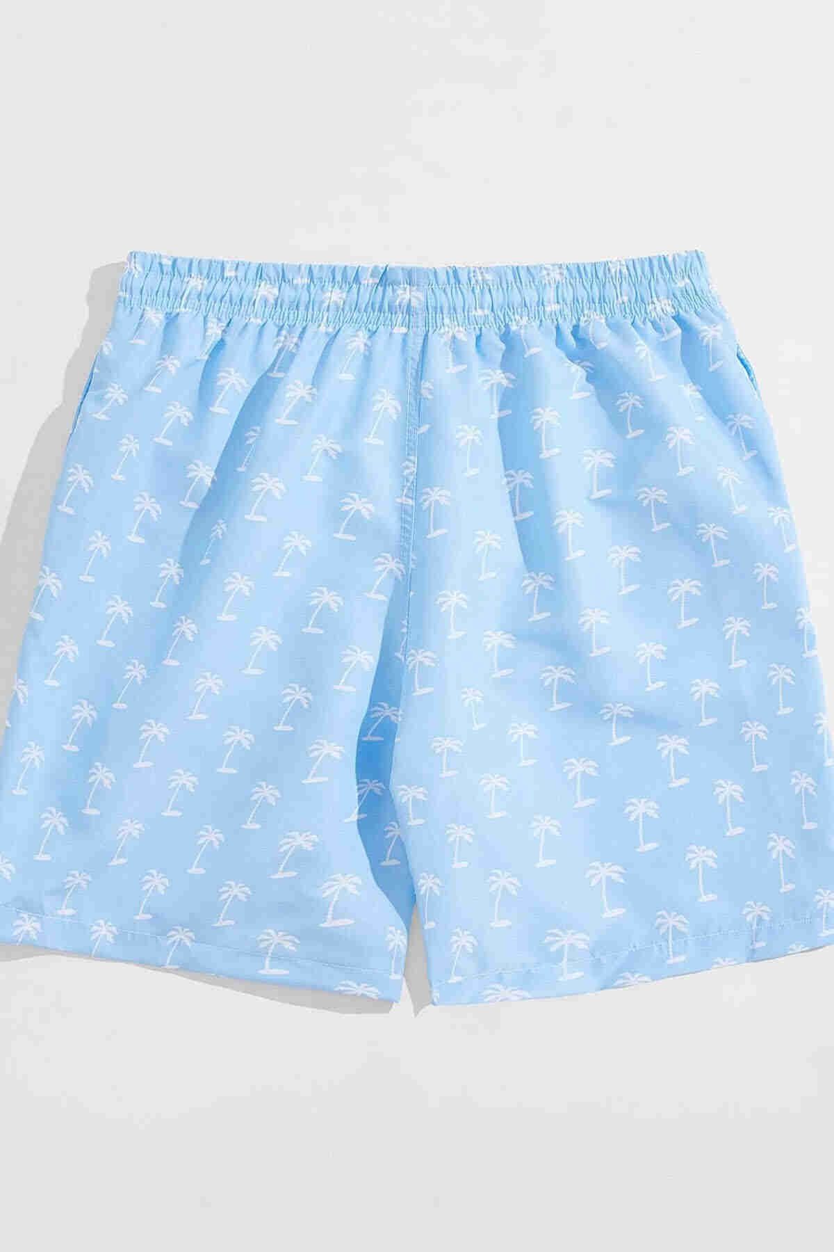 Basic Standart Boy Palmiye Baskılı Mayo Cepli Deniz Şortu Mavi - Mavi