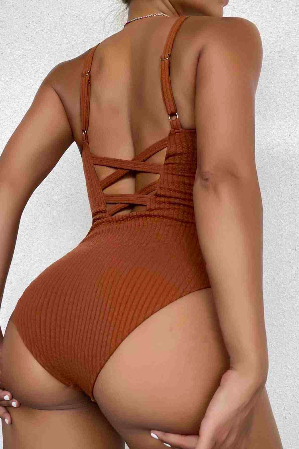 Çapraz Sırt Dekolteli V Yaka Mayo Mayokini Kahverengi MS4324 - Kahverengi