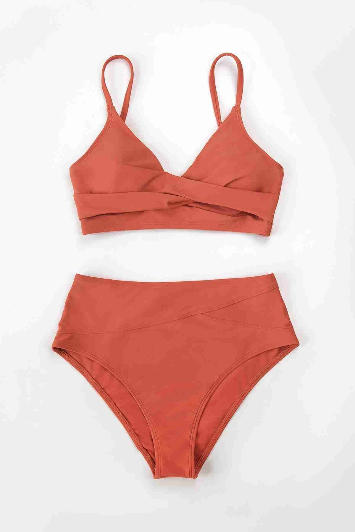 Angelsin Önden Çarpraz Yüksek Bel Bikini Takım Kırmızı MS4200 - Kırmızı