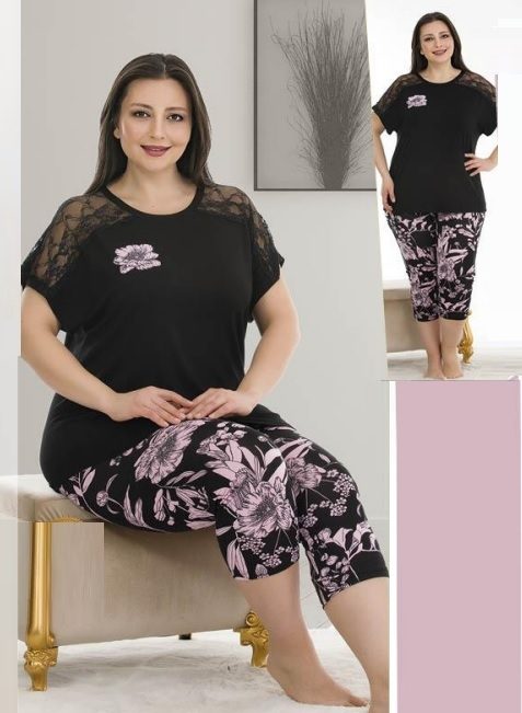 Lady Pamuklu Büyük Beden Siyah Kapri Pijama Takımı Lady 10652
