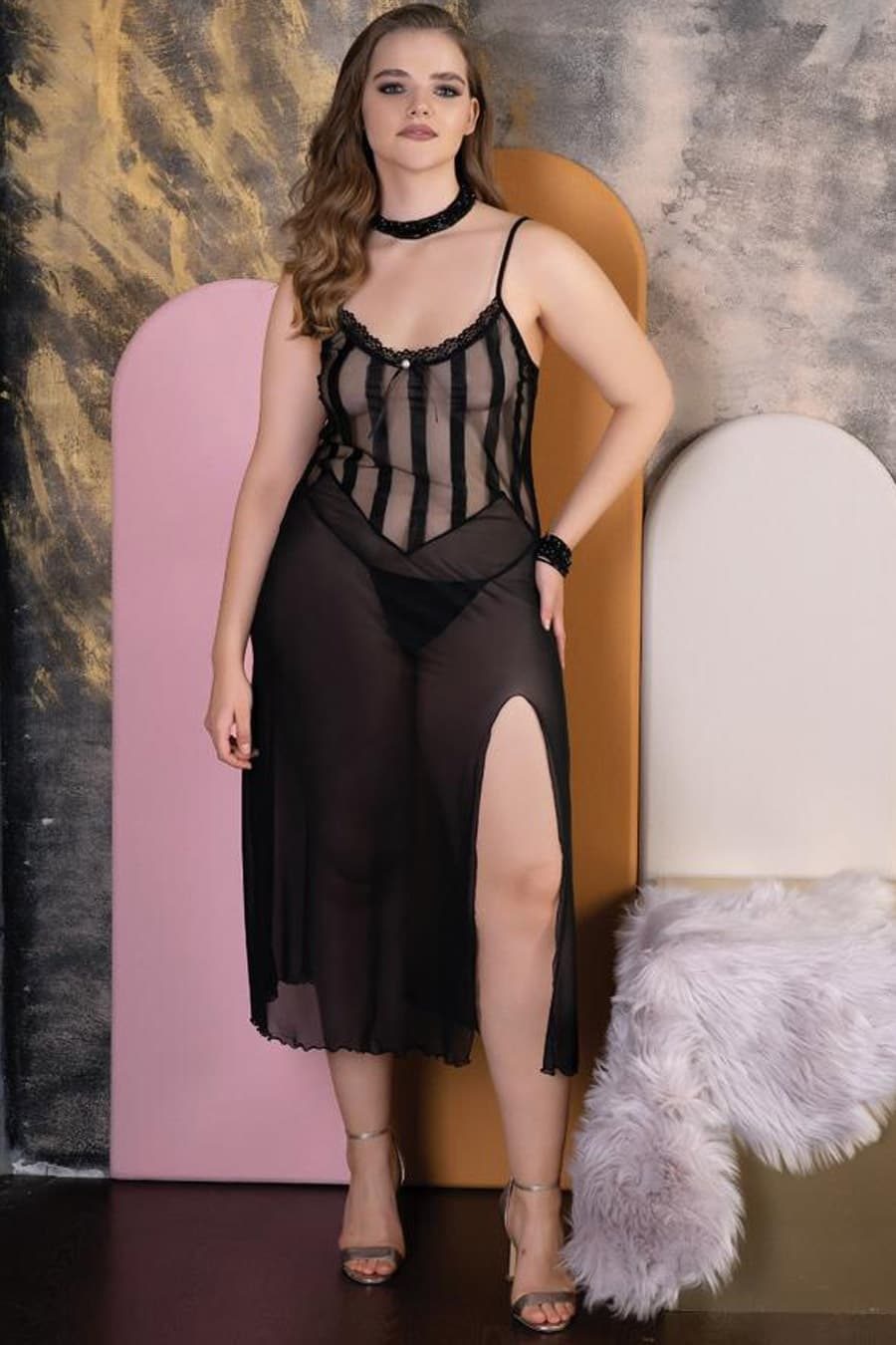 Büyük Beden Uzun Siyah Fantezi Gecelik İzabel 5007 - Siyah