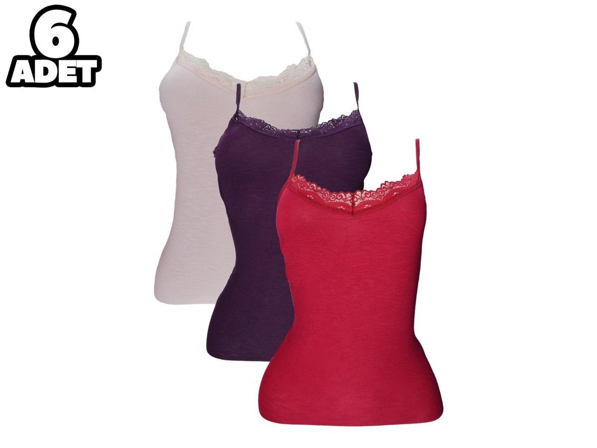 Flamlı Dantelli V Yaka İnce Askılı Kadın Atlet 6lı Defnem 5206 - Siyah