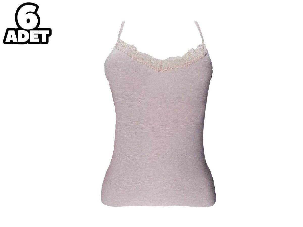 Flamlı Dantelli V Yaka İnce Askılı Kadın Atlet 6lı Defnem 5206 - Pudra