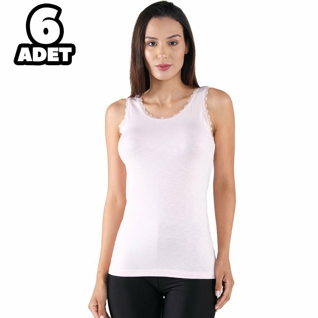 Flamlı Dantelli Yaka Kalın Askılı Kadın Atlet 6lı Defnem 5209 - Pudra