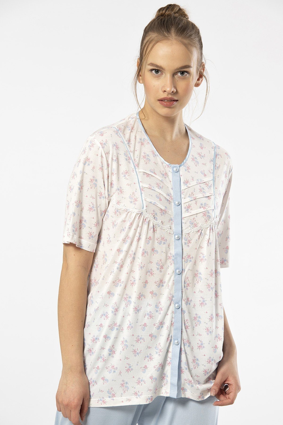 Battal Beden Düğmeli Kısa Kollu Pijama Takımı Mavi Türen 3370 - Mavi