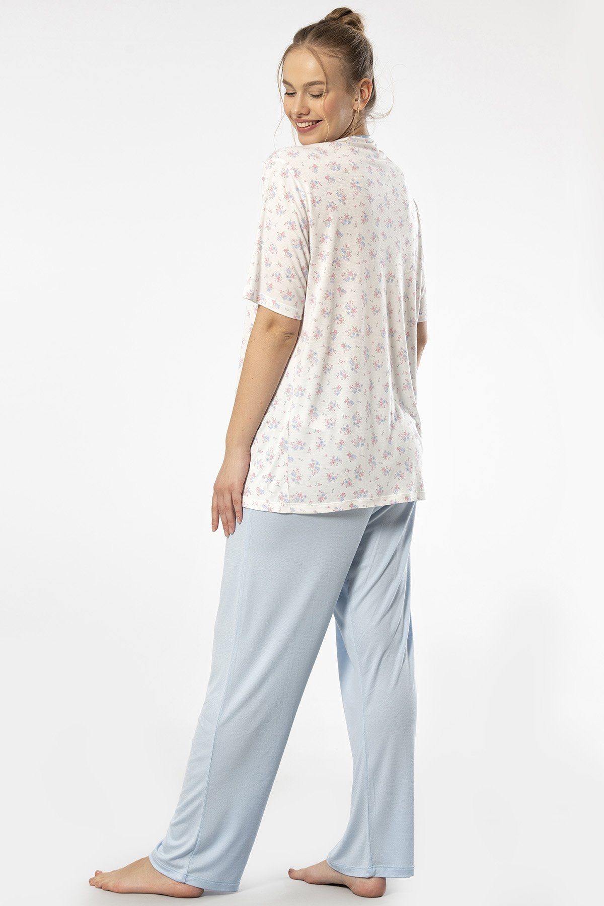 Battal Beden Düğmeli Kısa Kollu Pijama Takımı Mavi Türen 3370 - Mavi