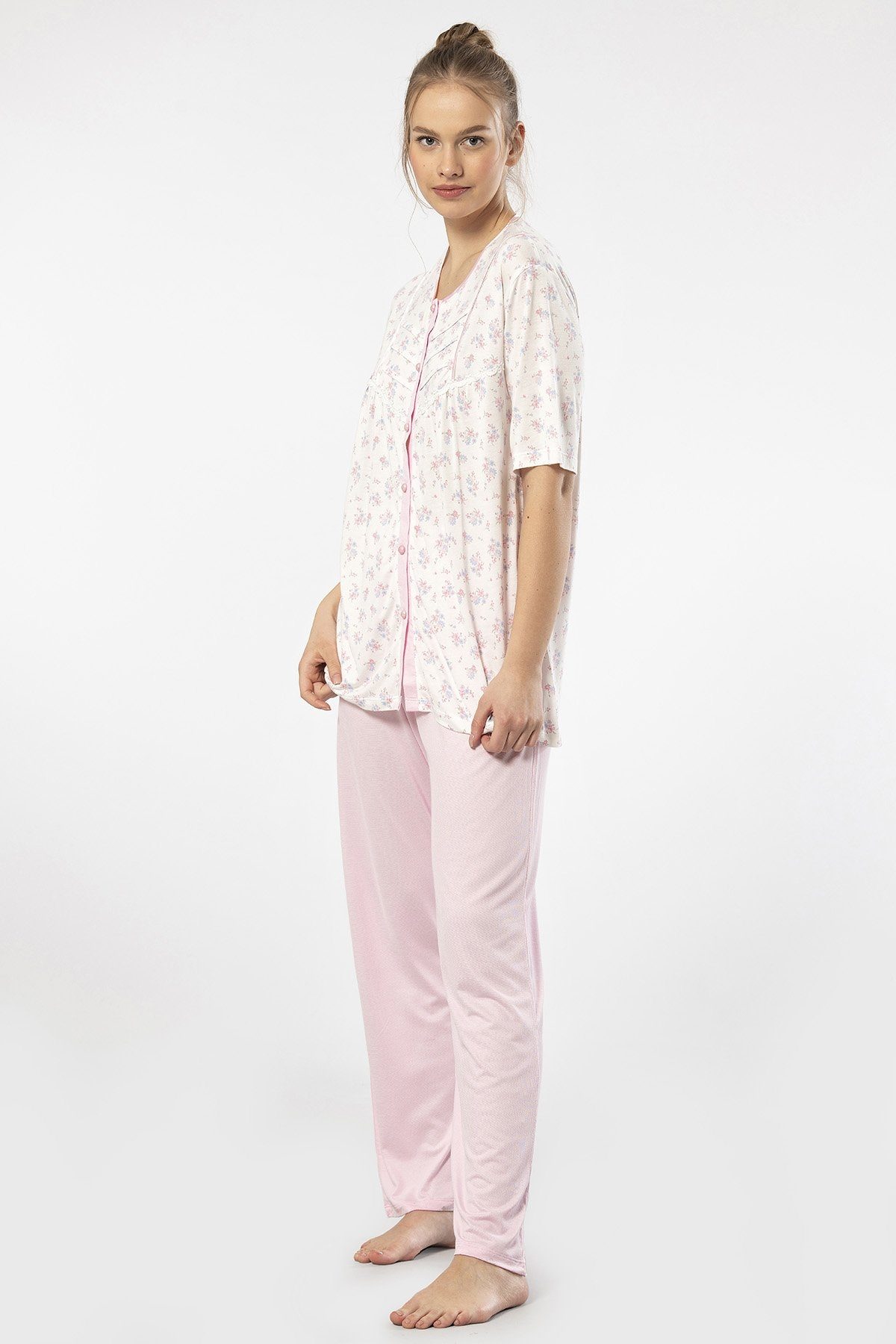 Düğmeli Kısa Kollu Kadın Pijama Takımı Pembe Türen 3370 - Pembe