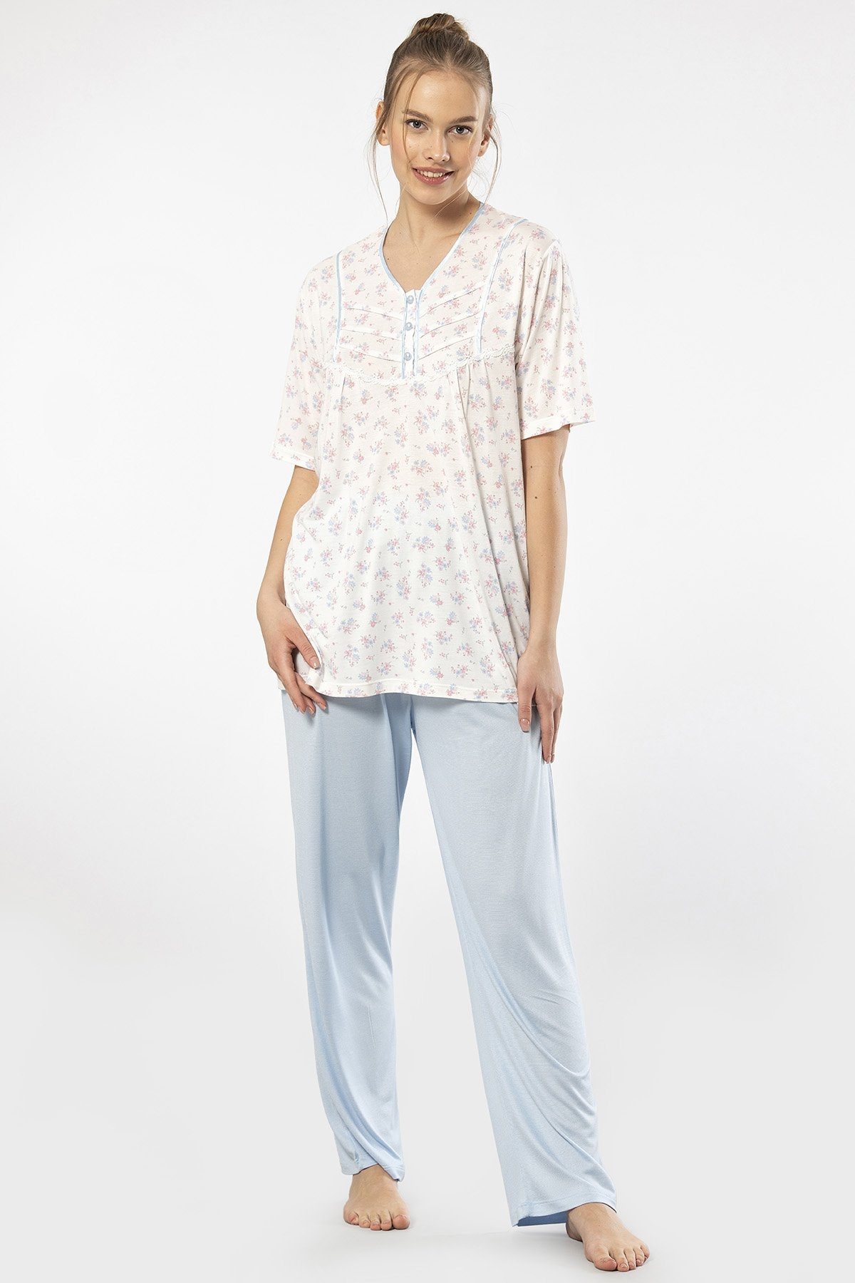 Desenli Düğmeli Kısa Kollu Kadın Pijama Takımı Türen 3369 - Mavi