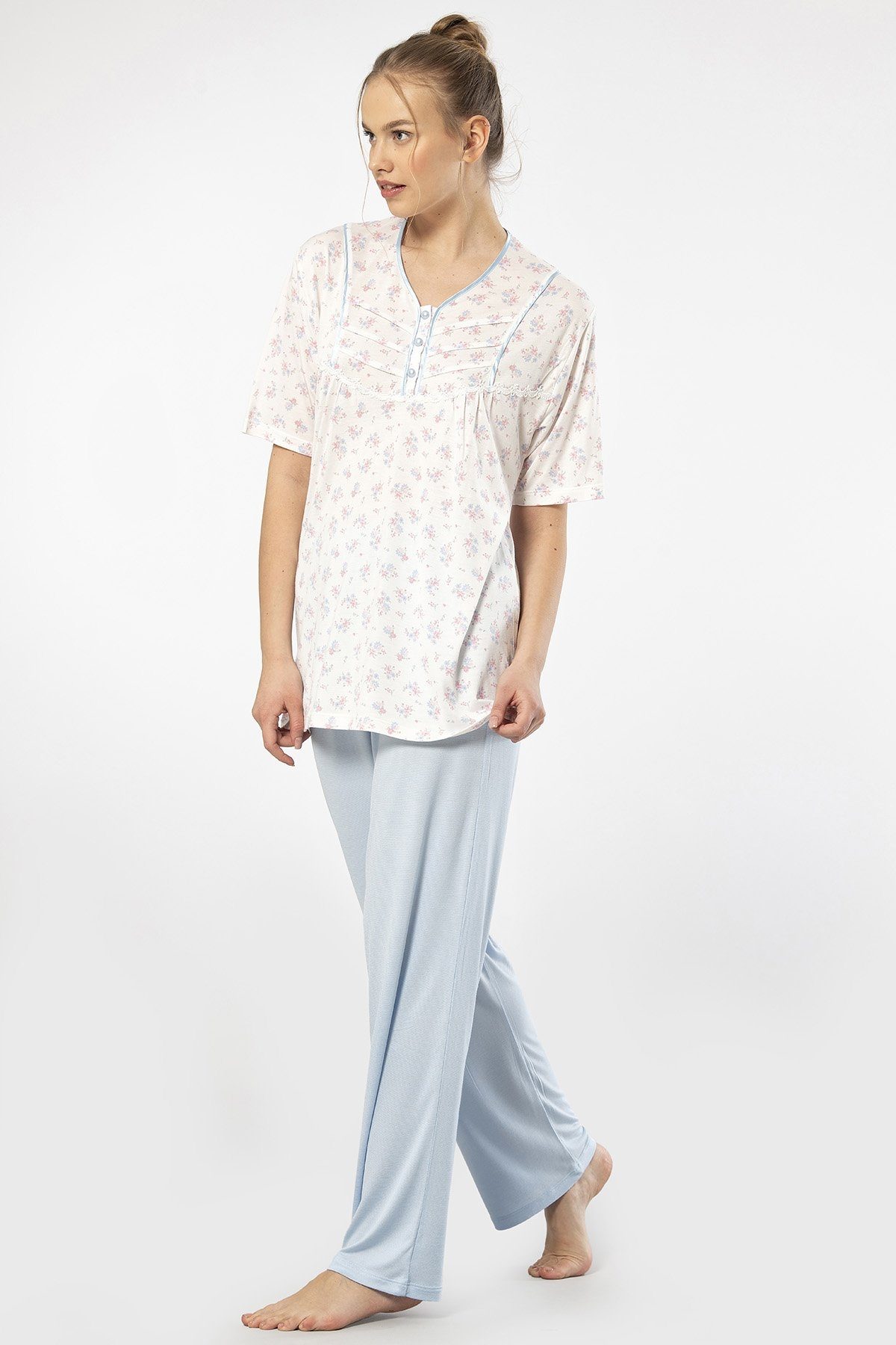 Desenli Düğmeli Kısa Kollu Kadın Pijama Takımı Türen 3369 - Mavi