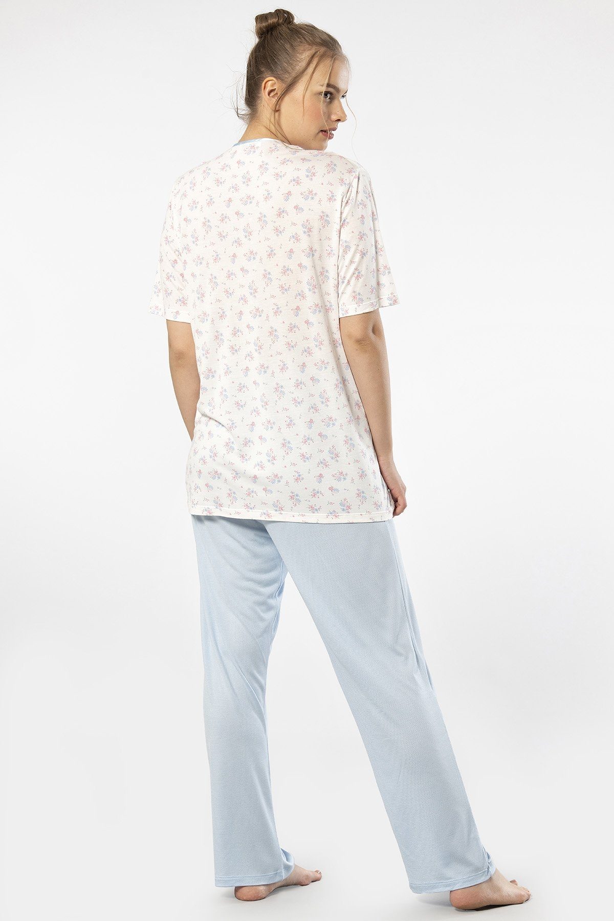 Desenli Düğmeli Kısa Kollu Kadın Pijama Takımı Türen 3369 - Mavi