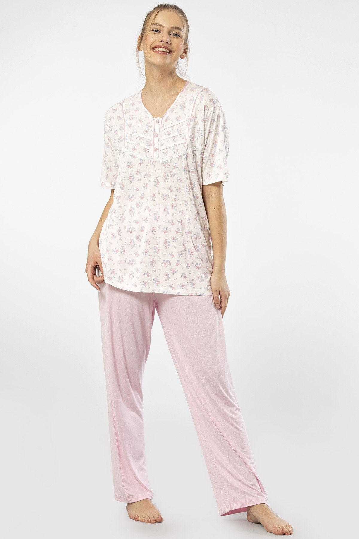Düğmeli Yaka Kısa Kollu Pijama Takımı Türen 3369 - Pembe