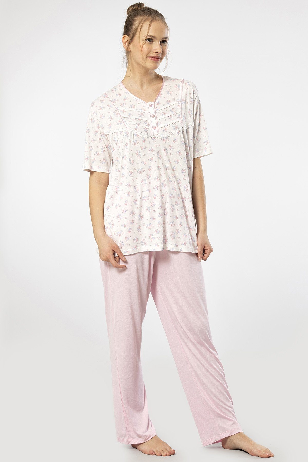 Düğmeli Yaka Kısa Kollu Pijama Takımı Türen 3369 - Pembe