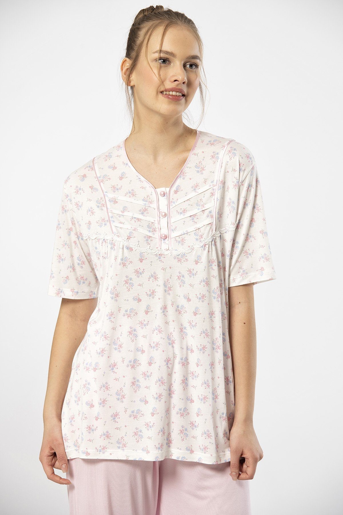 Düğmeli Yaka Kısa Kollu Pijama Takımı Türen 3369 - Pembe