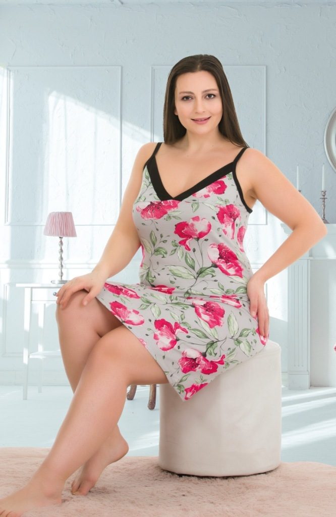 Lady Gri Çiçekli İp Askılı Tunik Gecelik Pamuk Elastan Lady 8726