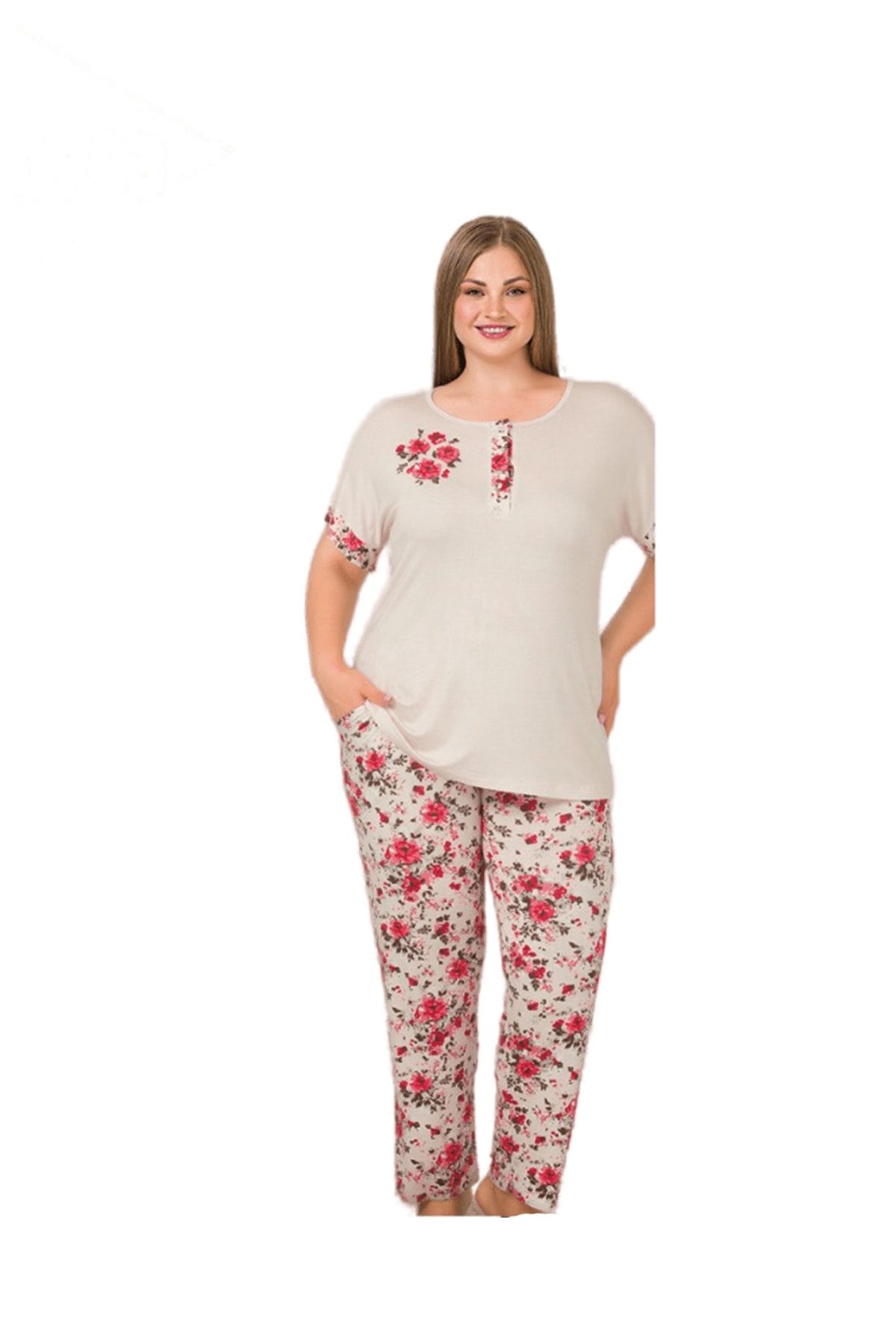 Lady Krem Renk Ve Çiçek Desenli Kısa Kol Büyük Beden Pijama Takımı Lady 10903 - Görsel 2