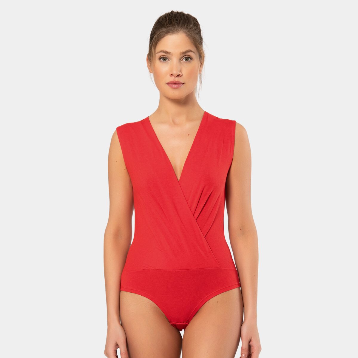 Kırmızı Kruvaze Yaka Çıtçıtlı Kolsuz Body Türen 3502 - Kırmızı