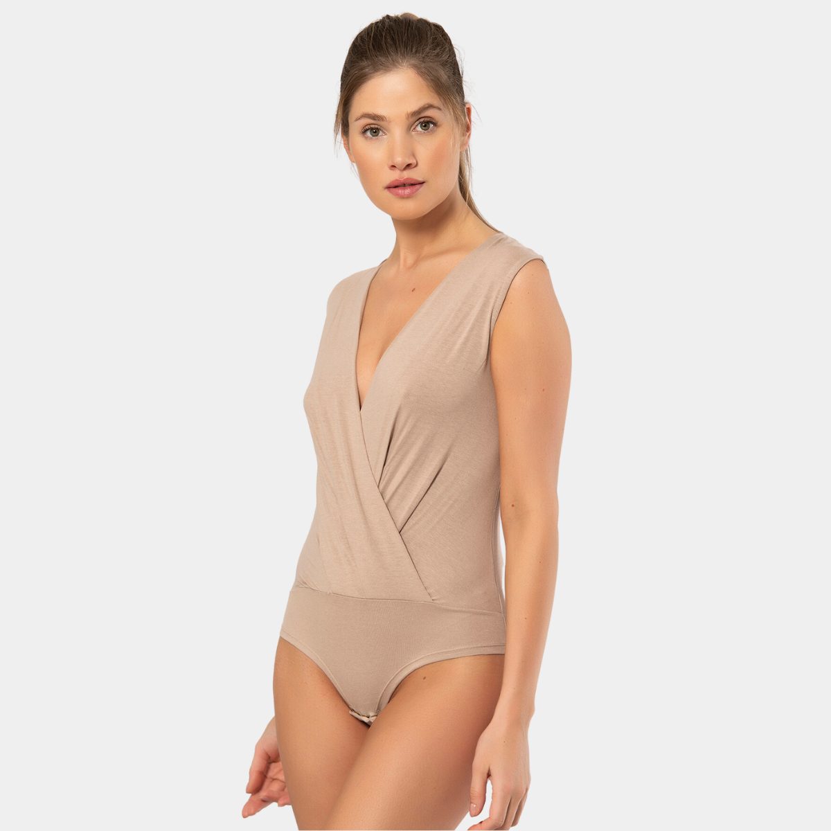 Kruvaze Yaka Kolsuz Çıtçıtlı Body Vizon Türen 3502 - Vizon