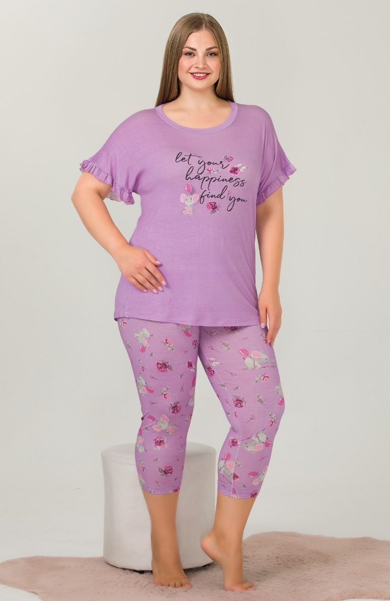 Büyük Beden Lila Kısa Kollu Kapri Pijama Takımı Lady 10643 - Lila