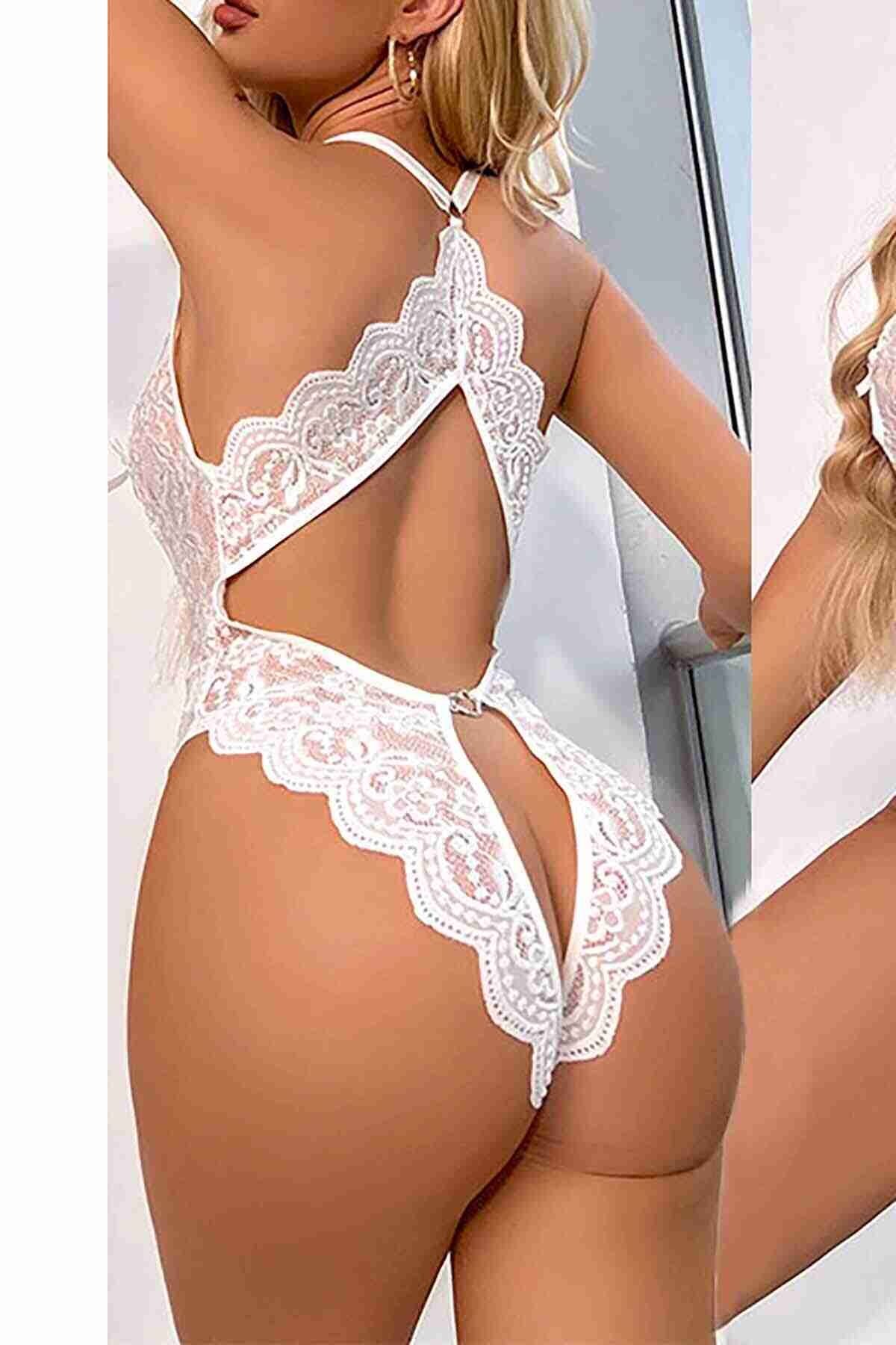Dantel Açık Detaylı Sırt Aksesuarlı Fantezi Body Merry See 4342 - Beyaz