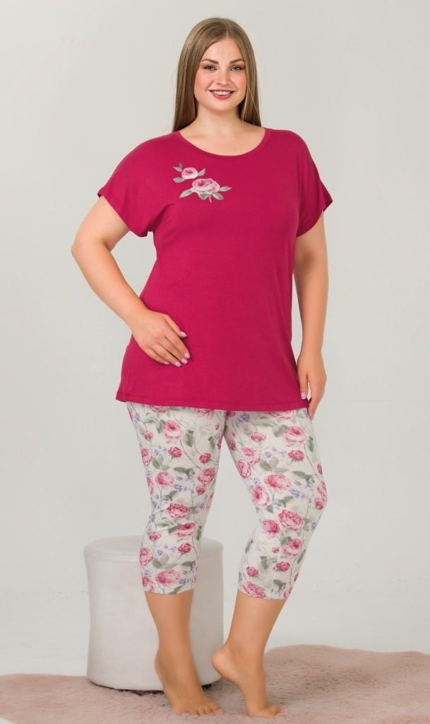 Pamuklu Kapri Pijama Takımı Büyük Beden Lady 10641 - Pembe