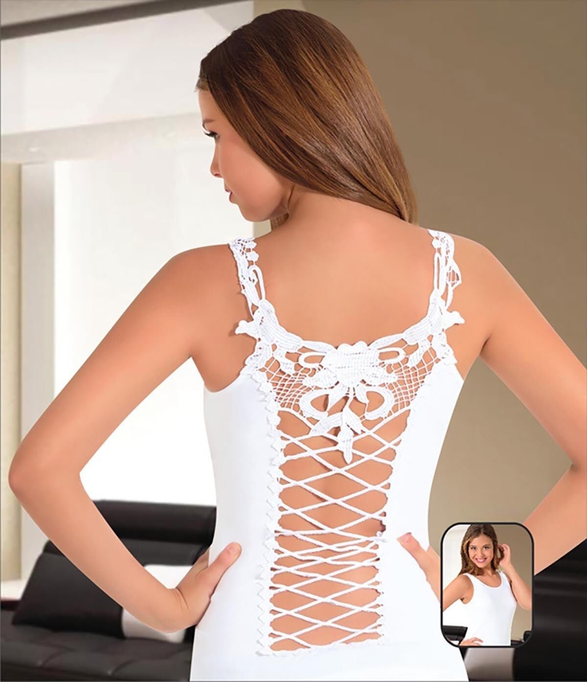 Güpür Detaylı Çapraz İpli Kadın Atlet Polkan 2215 - Beyaz