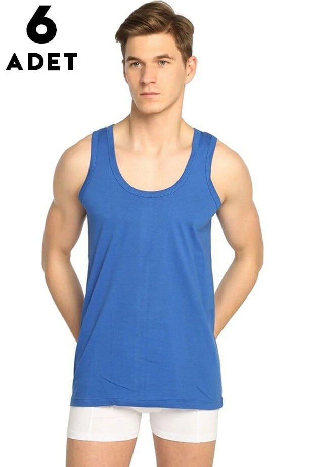 Pamuklu Askılı Erkek Atlet 6'lı Set Seher Yıldızı 0001 - Saks Mavi
