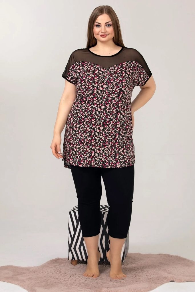 Siyah Kapri Pijama Takımı Büyük Beden Lady 10634 - Siyah