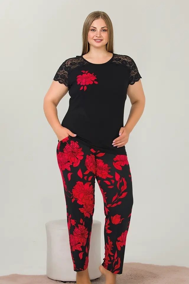 Lady Siyah Çiçekli Rahat Kesim Pijama Takımı Lady 10889 - Görsel 2