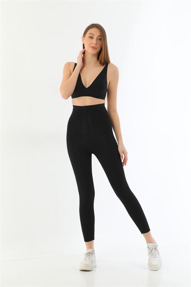 Lazer Kesim Yüksek Bel Siyah Kadın Tayt Emay 2711 - Siyah