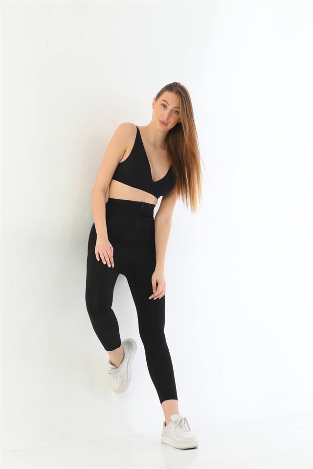 Lazer Kesim Yüksek Bel Siyah Kadın Tayt Emay 2711 - Siyah