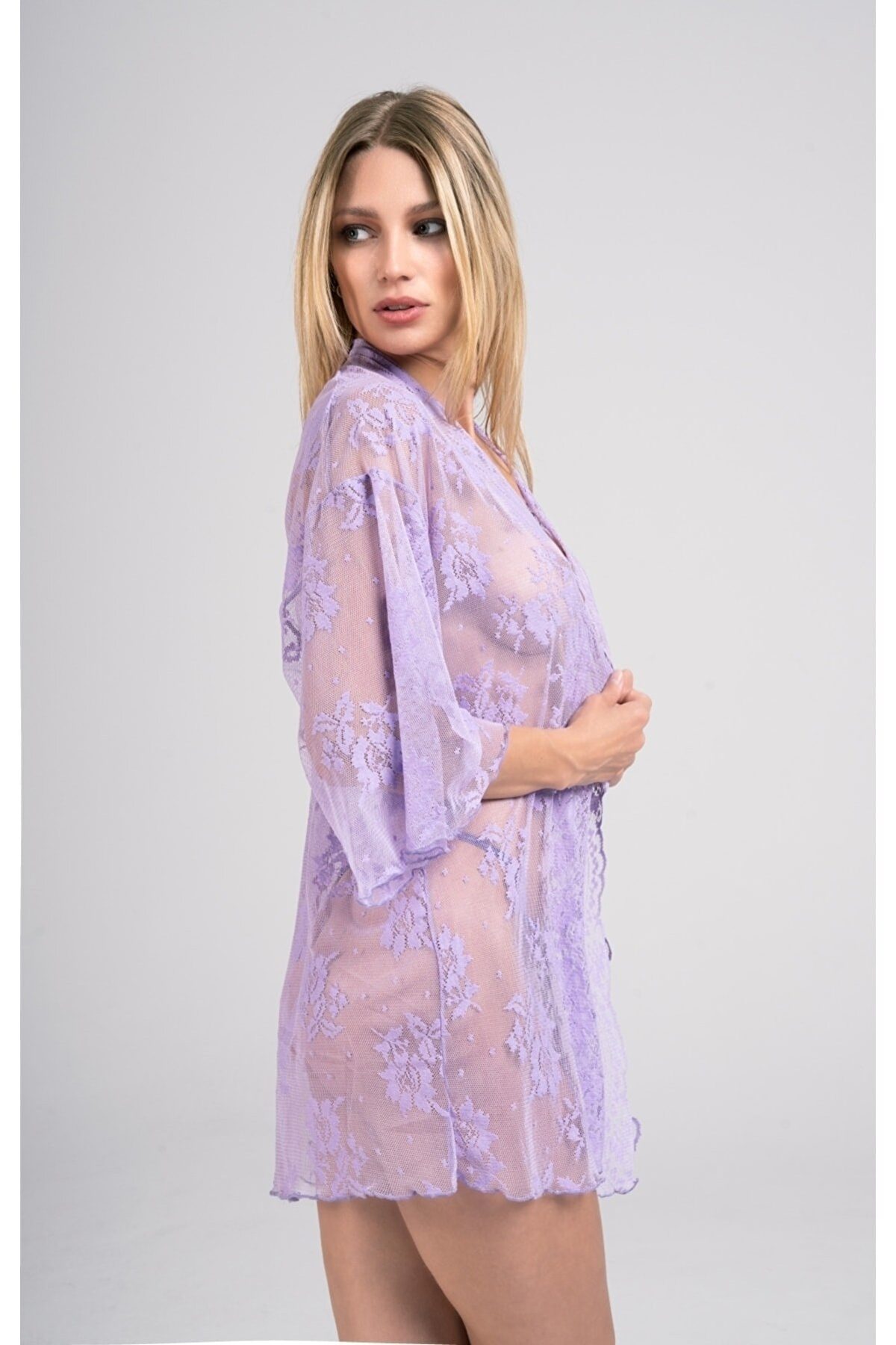 Dantel Detaylı Kısa Kimono String Takım Moonlight 9356 - Lila