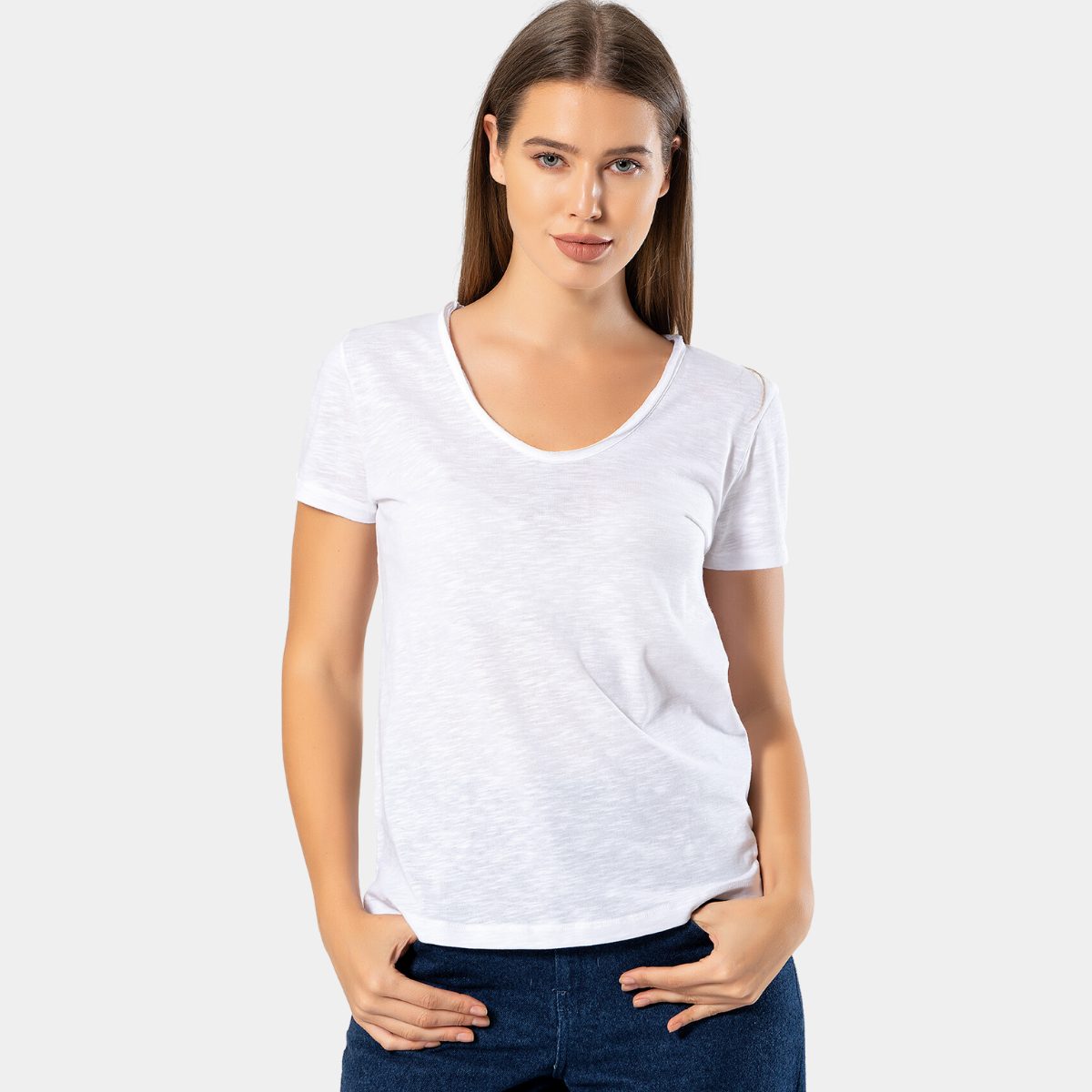 Geniş Yuvarlak Yaka Kısa Kollu Body Pamuk Wtshirt 1234 - Beyaz