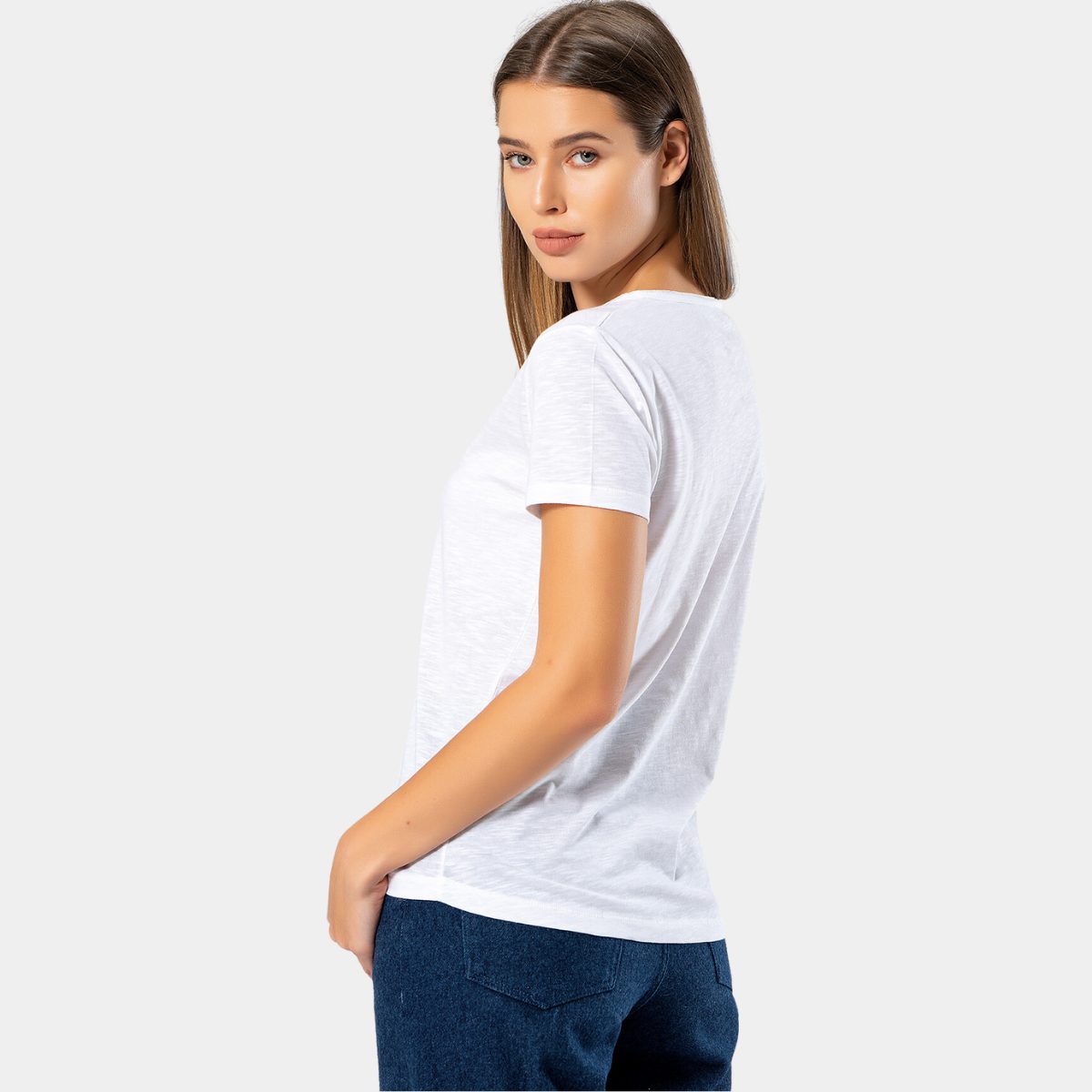 Geniş Yuvarlak Yaka Kısa Kollu Body Pamuk Wtshirt 1234 - Beyaz