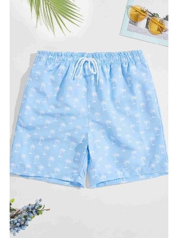 Basic Standart Boy Palmiye Baskılı Mayo Cepli Deniz Şortu Mavi