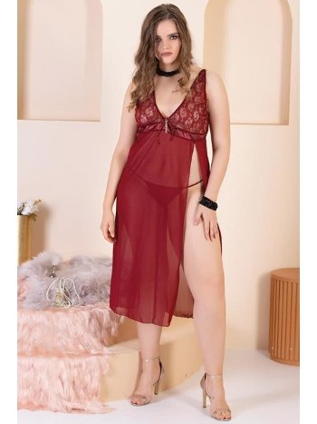 Büyük Beden Poliamid Uzun Gecelik Bordo İzabel 5008
