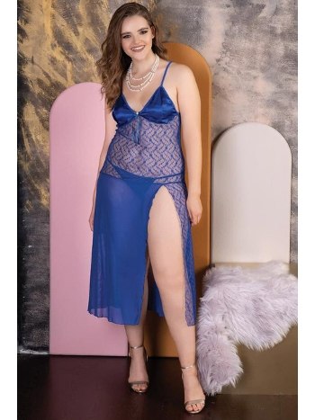 Büyük Beden Mavi Dantel Uzun Gecelik İzabel 5003