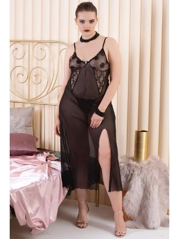 Büyük Beden Siyah Saten Uzun Gecelik İzabel 5009