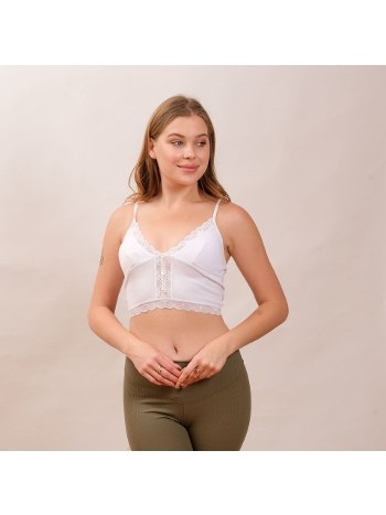 Dikey Dantel Şeritli İnce Askılı Pedli Kadın Crop Defnem 8114